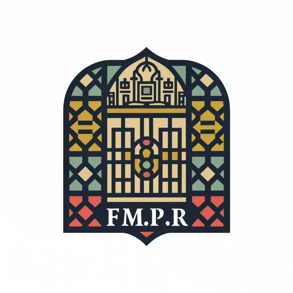 a logo design,with the text "F.M.P.R", main symbol:logo university writen with letter F M P R  modern with symbole of pharmacy with logo traditionl doors  hassan tour morocco rabat
 
,Moderate,clear background