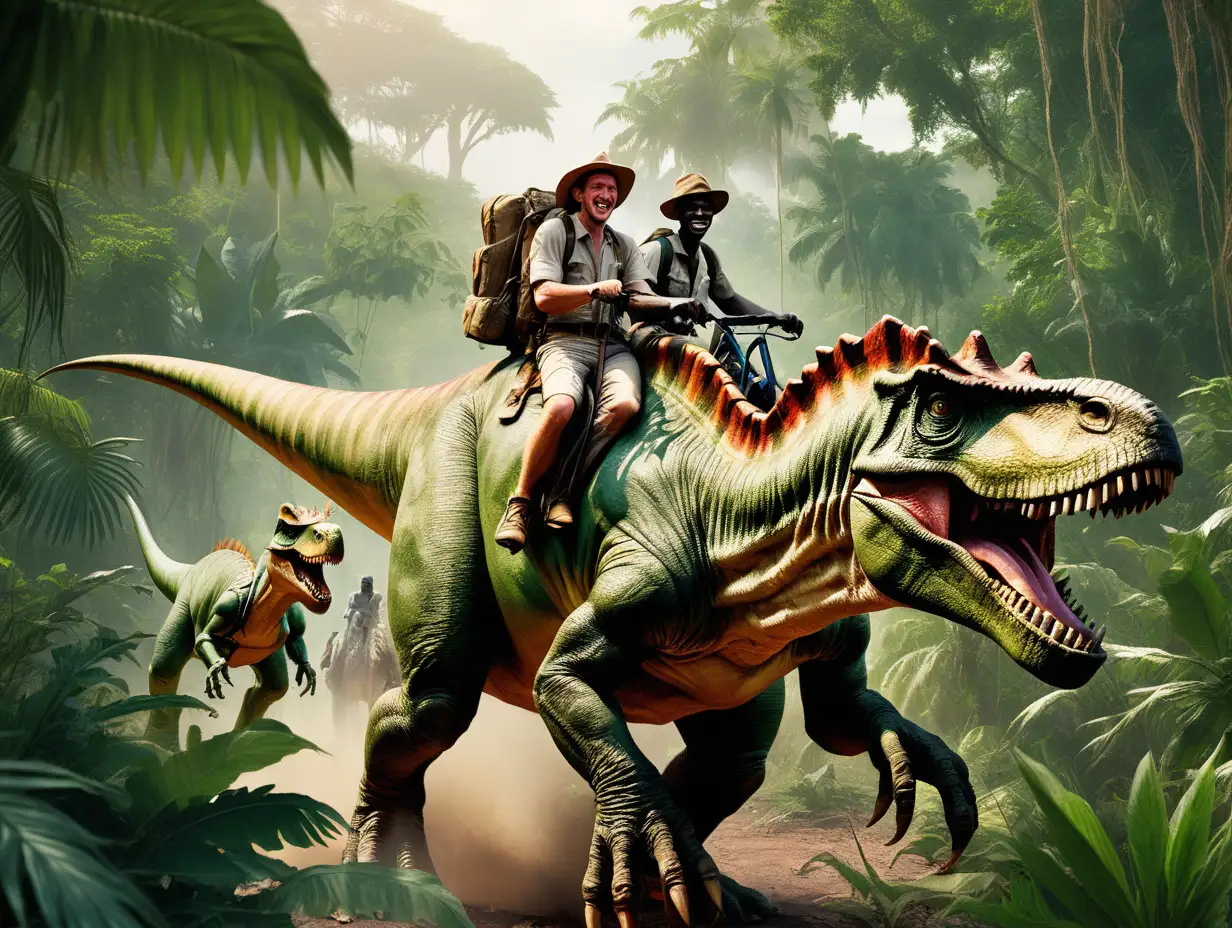 men riding dinosaurs through the African jungle