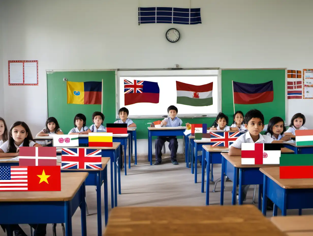 Diverse International Classroom with Children and Country Flags