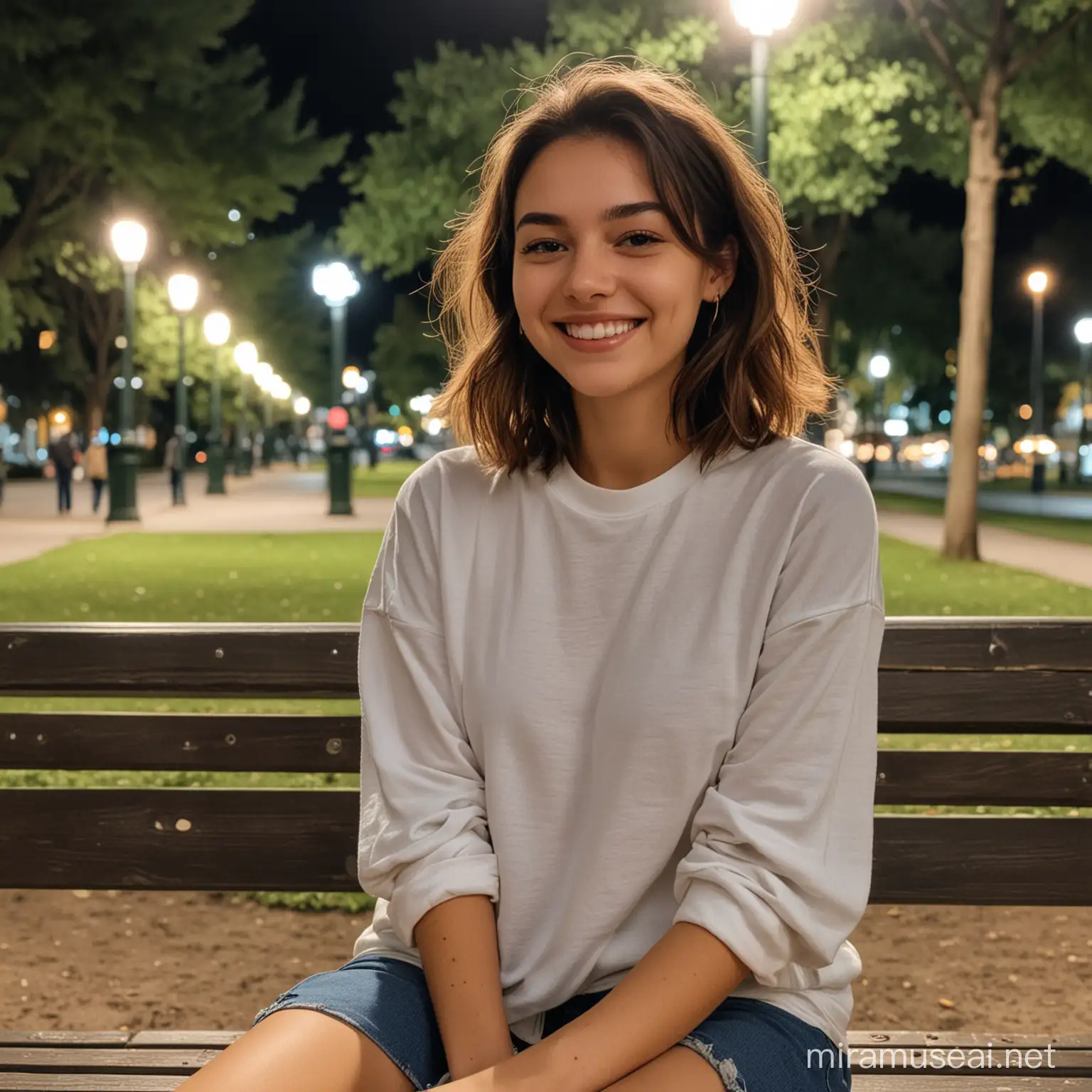 Smiling Short Girl on Park Bench at Night