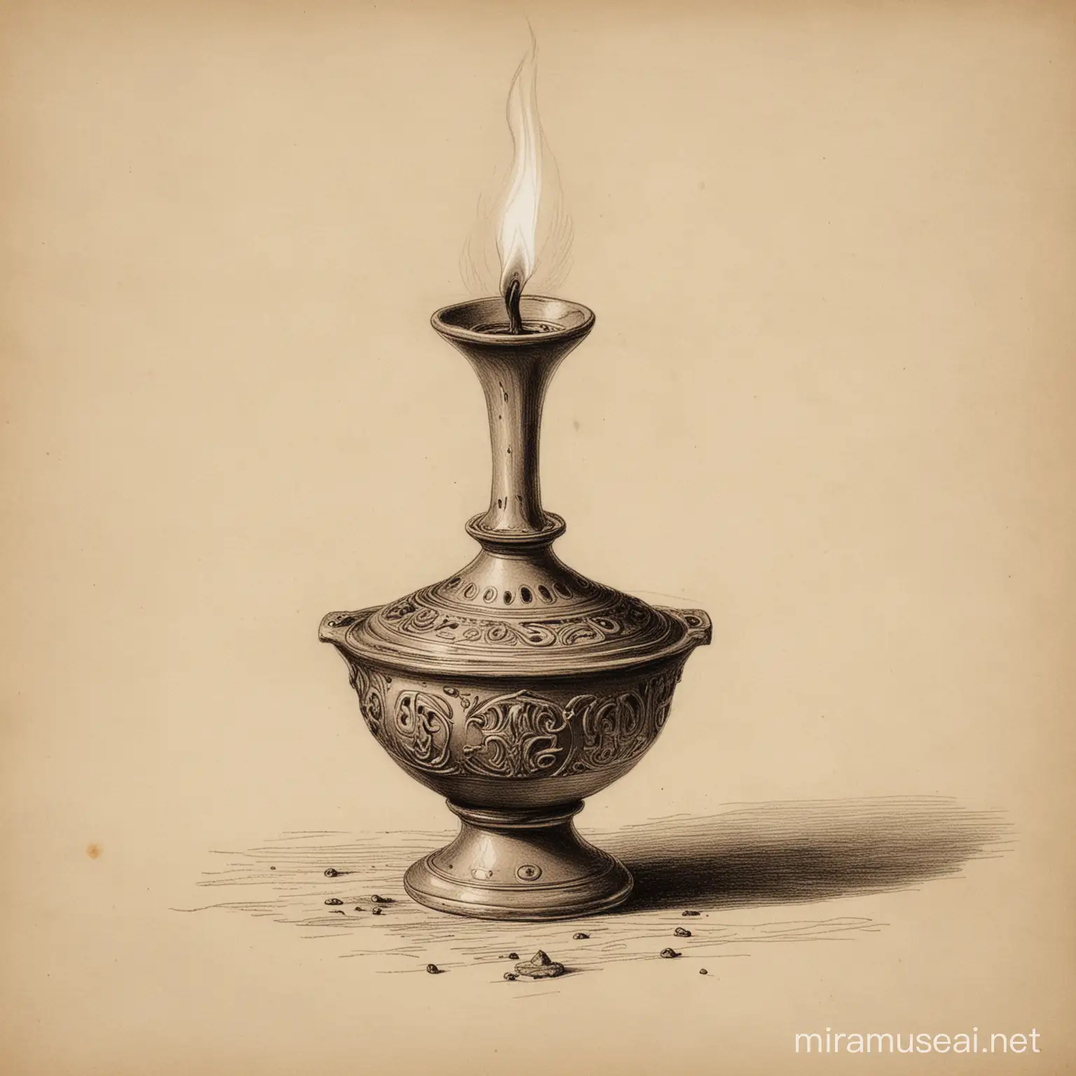 a byzantine vigil oil lamp with a weak fire burning drawn as a byzantine sketch