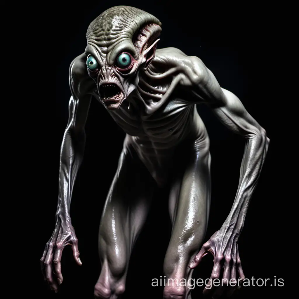 naked, skinny gray alien, abduction, terror,  full body, masculine alpha-male, sneak-attack, real, oozing, mischievous, highly intelligent, serious encounter, troublesome, on black background, in darkness, old, strong skin, ugly, fishy mucus brain, big hypnotic eyes