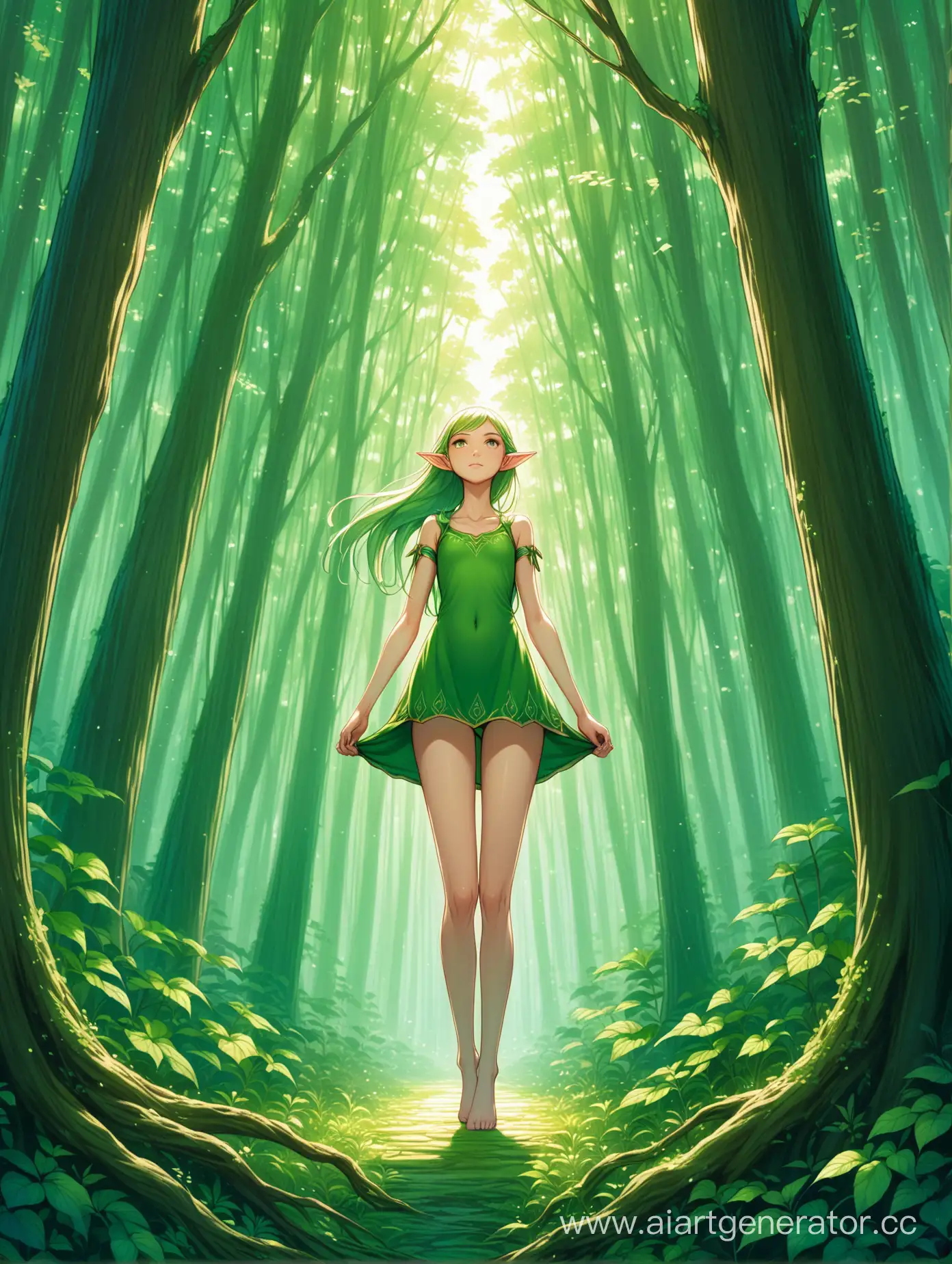 Молодая стройная эльфийка, за ней простирается мифический лес, в котором она живет 