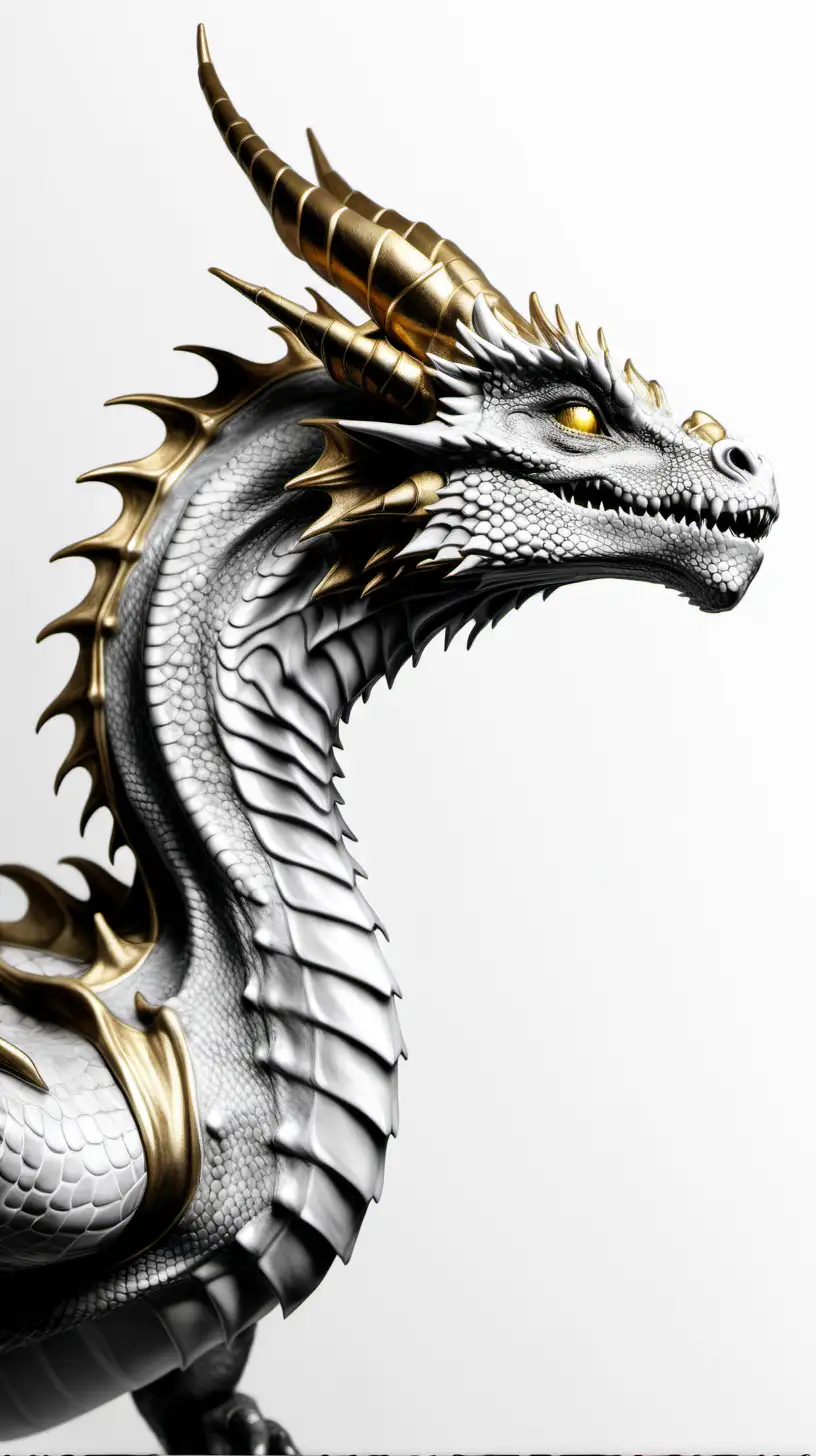 Hyper Realistic Dragon Sculpture in Black White and Gold on a White Background
