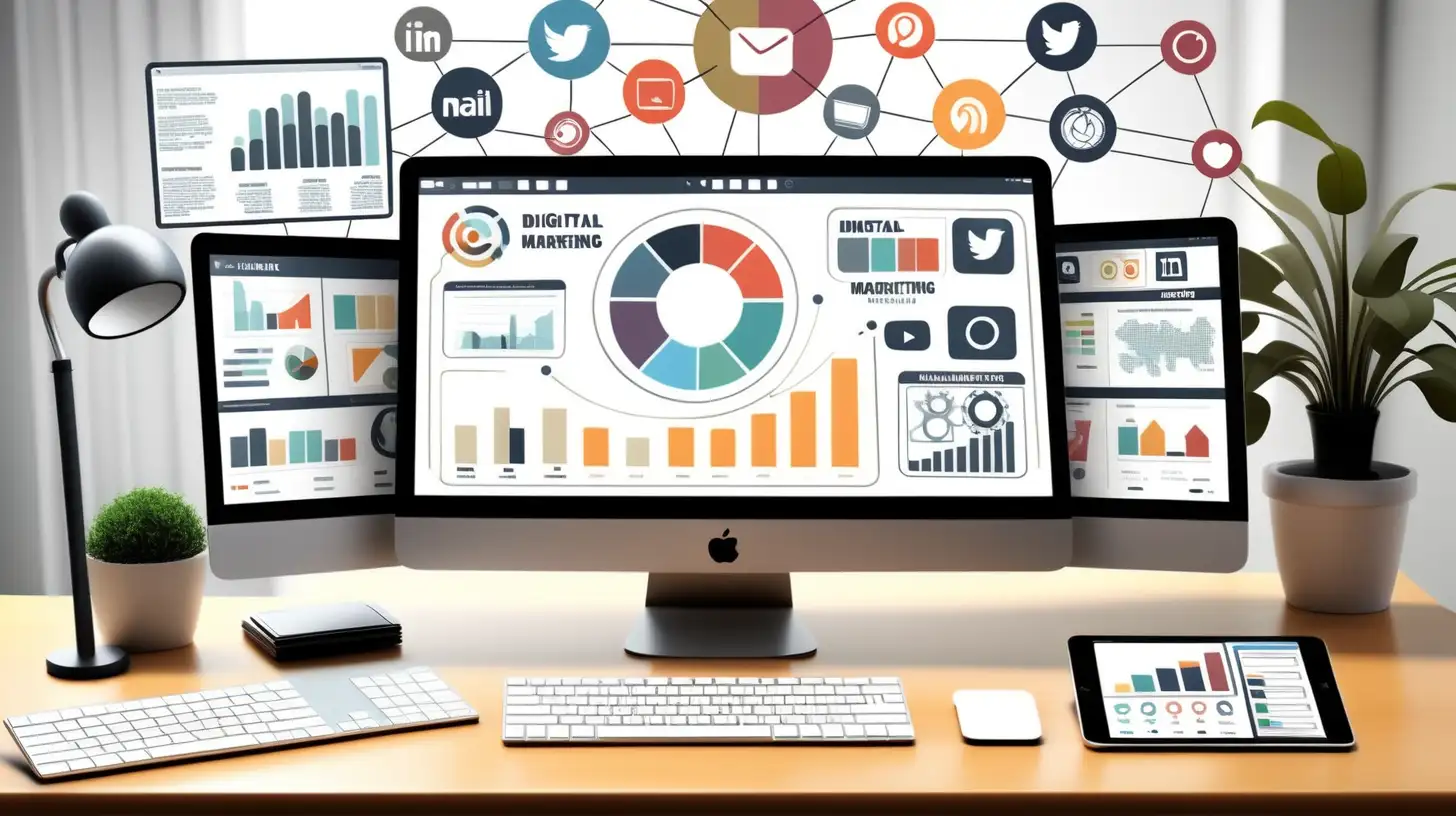 Create a graphic that shows all aspects of a digital marketing company. Use an Imac in the centre of the graphic with charts and analytics on screen and use the wording Digital Marketing.  Behind the iMac show various social media icons and email, mobile and platforms interlinking