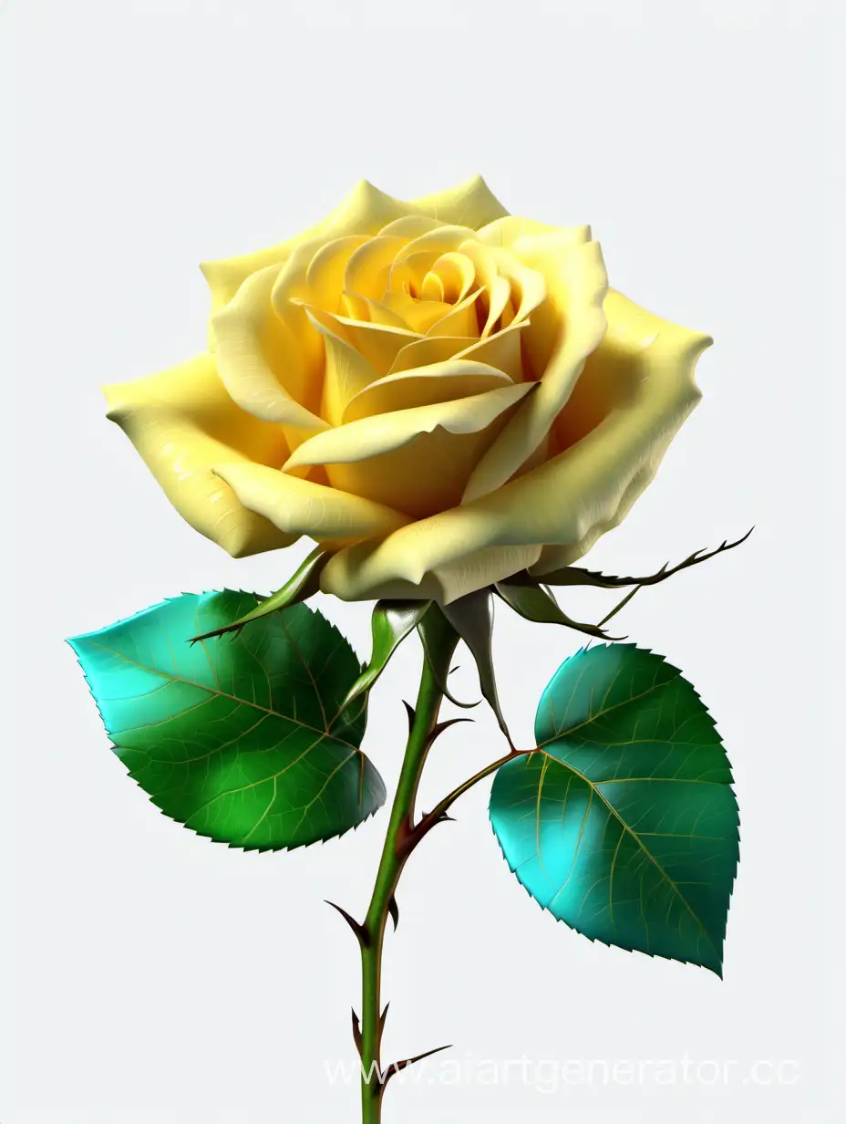 Vibrant-8K-HD-Realistic-Rose-in-Sky-Blue-and-Yellow-with-Fresh-Lush-Green-Leaves-on-White-Background