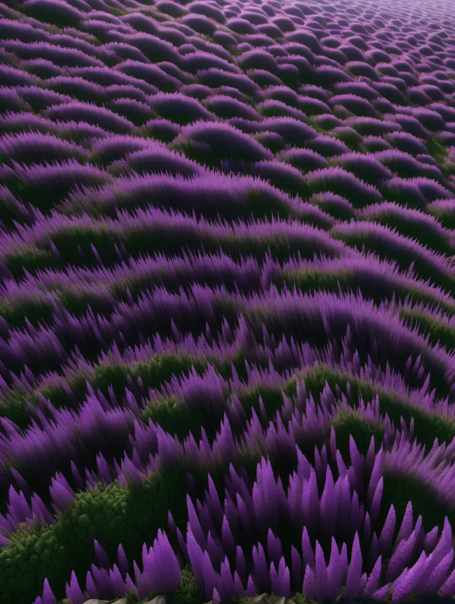 aerial view of the side of a hill. covered with growing purple Hyssop herbs. very intricately and microscopically detailed. ultra realistic blender sfm textures. landscape view. background filled with 100,000 hyssop herbs