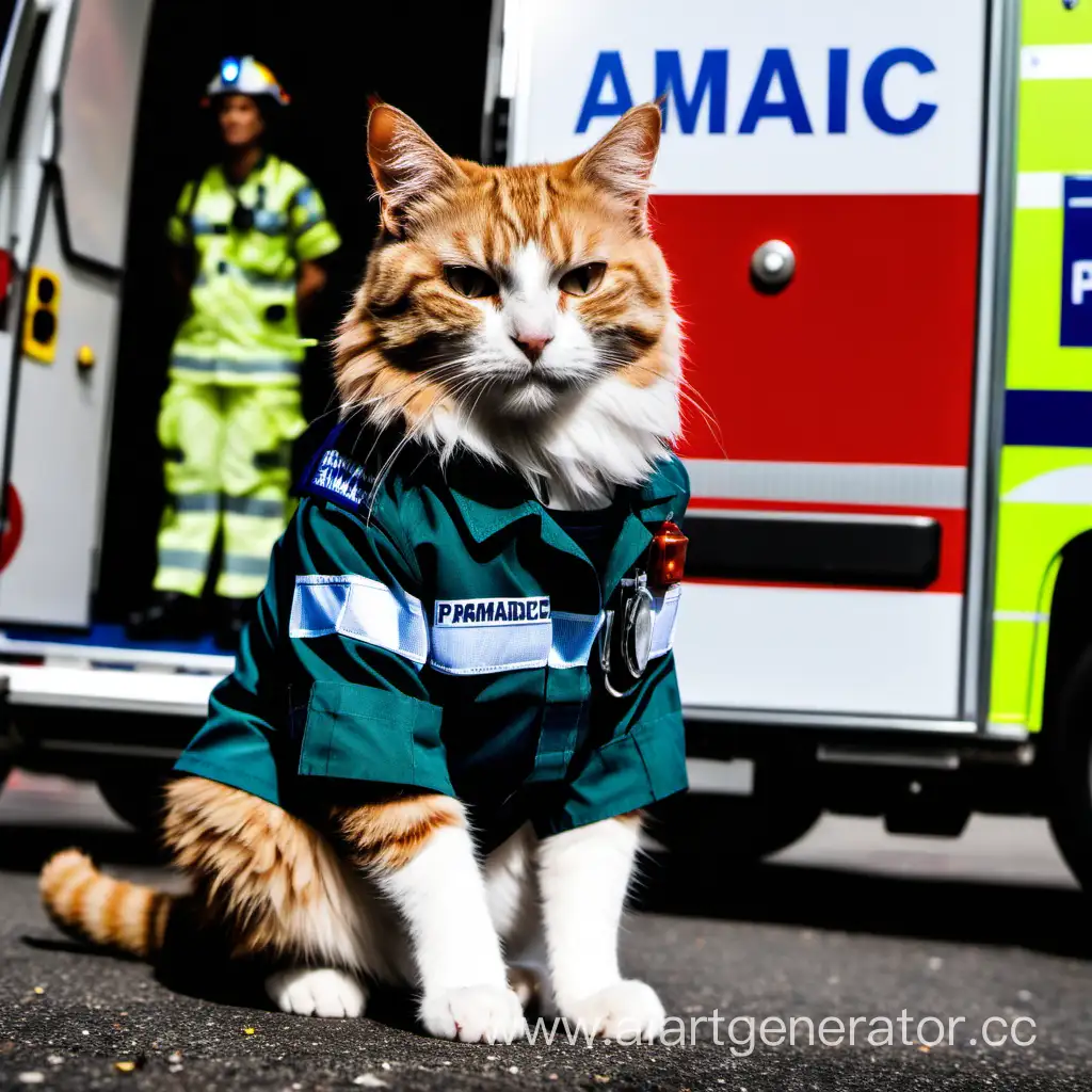 Кот в костюме фельдшера рядом с машиной скорой помощи