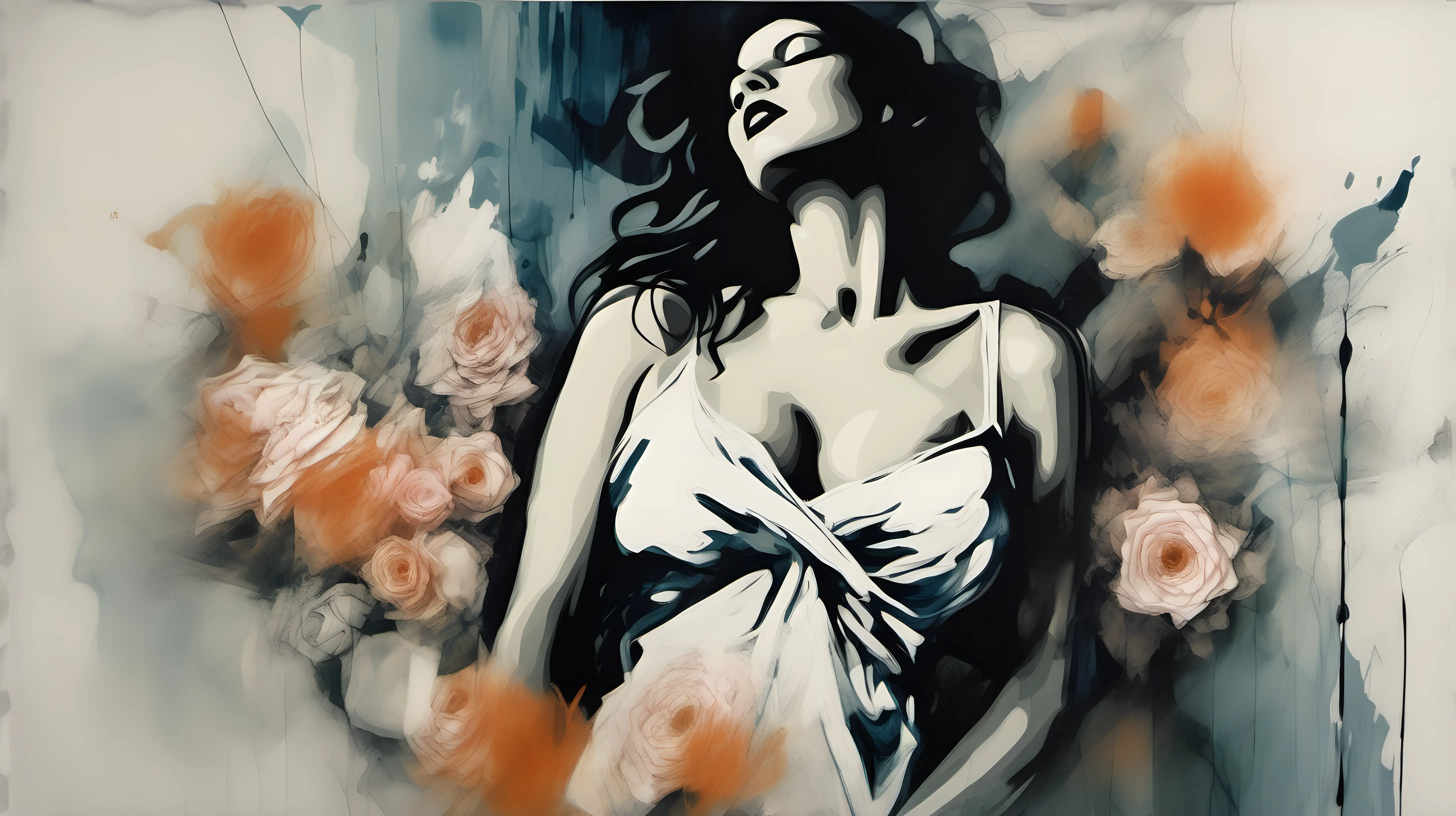 Abstract Expressionism image of a seductive woman in a summer dress with perfect breast and flowers