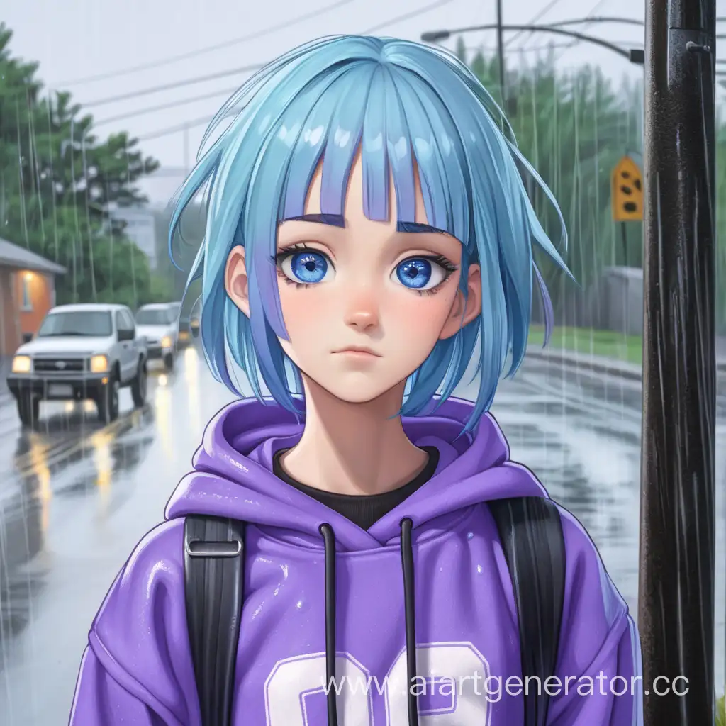 a girl of about twenty with blue hair, blue eyes, in a purple sweatshirt
in the rain