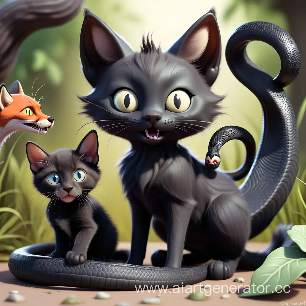 A black cat with a black kitten, fox and snake