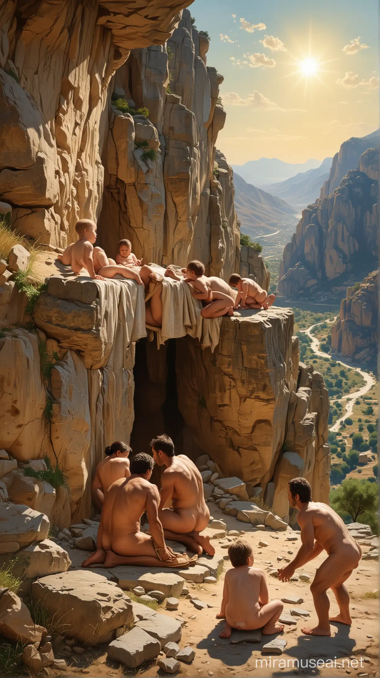 In ancient Sparta, a scene where a baby is being examined is quite dramatic. A group of Spartans gathers under the sun, carefully inspecting the baby while standing at the edge of a cliff overlooking a high hill. The naked body of the baby is placed on a wooden table to be examined. The Spartans have serious and focused expressions as they meticulously check the baby's body for any signs of weakness or deformity. There may be debates among them; some believe the baby is healthy while others are searching for potential signs of weakness or deformity. The atmosphere of the scene is tense, and the view of the surrounding mountains and hills emphasizes the seriousness of the event.

