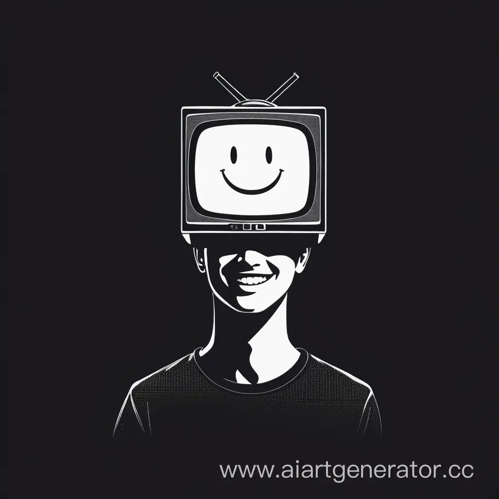 Человек с телевизором на голове, на экране которого улыбка на чёрном фоне
