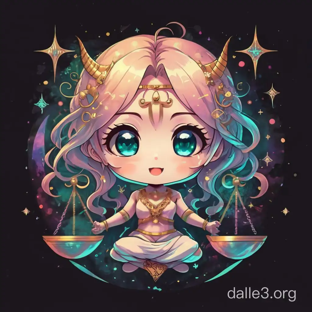  A chibi zodiac Libra character with big eyes and a cute smile,  with Libra scales in cosmic background, Libra symbol,fully colored, no shading