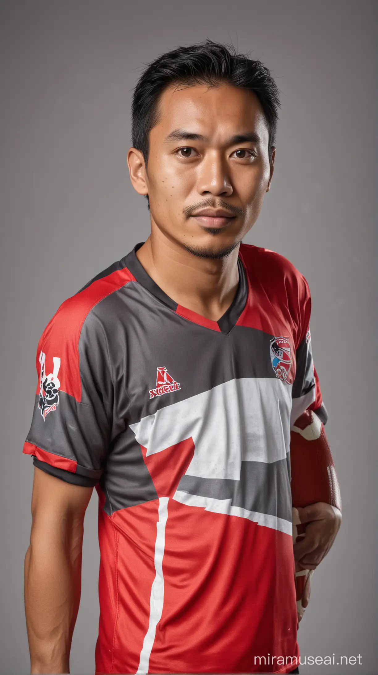 Indonesian Man in Football Jersey Against Grey Background