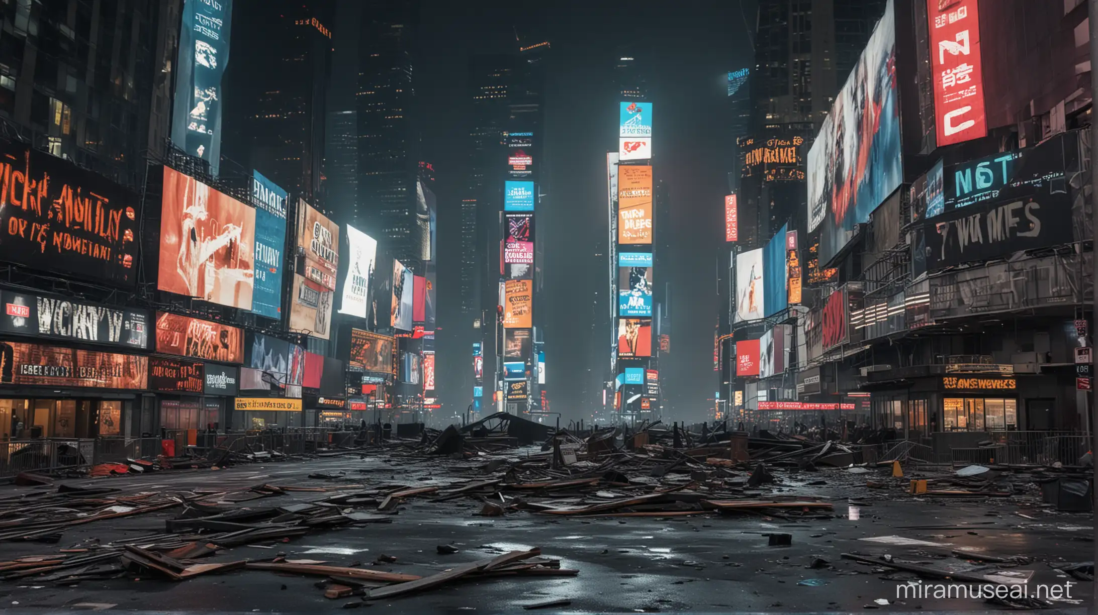 Dramatic, post apocalyptic Times Square at night, signage destroyed