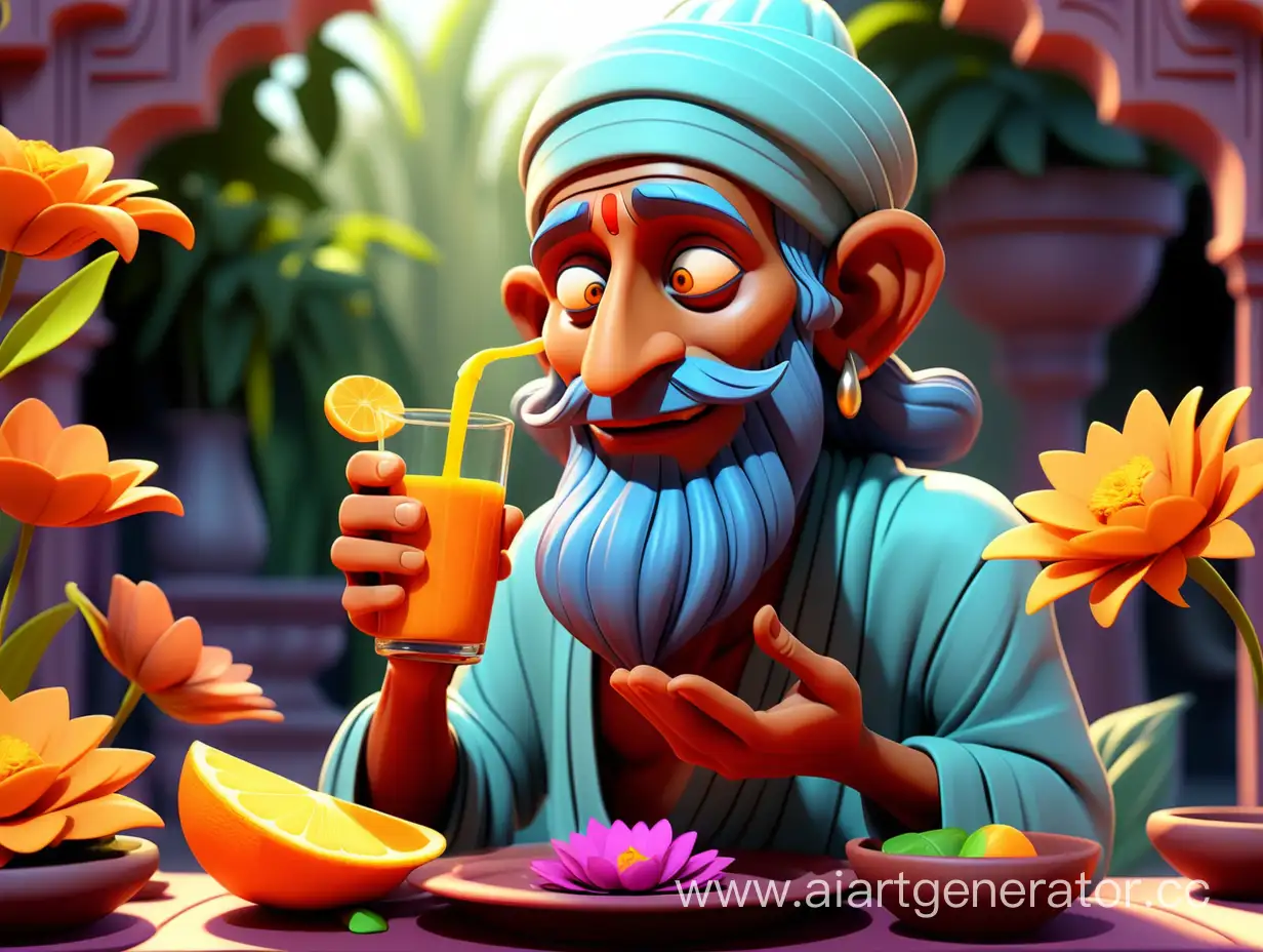cartoon style, 8k, the fakir extracted the juice from the flower and recited some magical mantras.