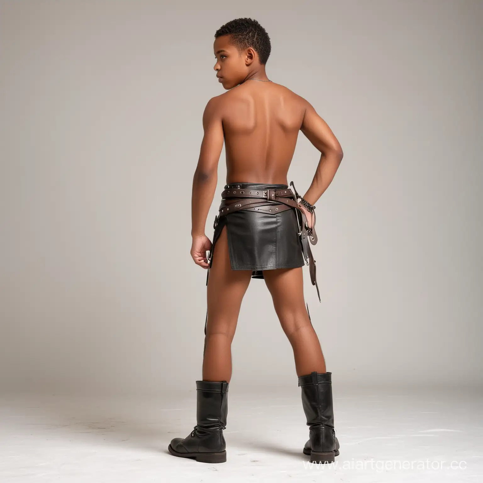 A very young black shirtless teenage boy warrior, wearing a very short loincloth with a big leather belt and boots, seen from behind crouching, white background.