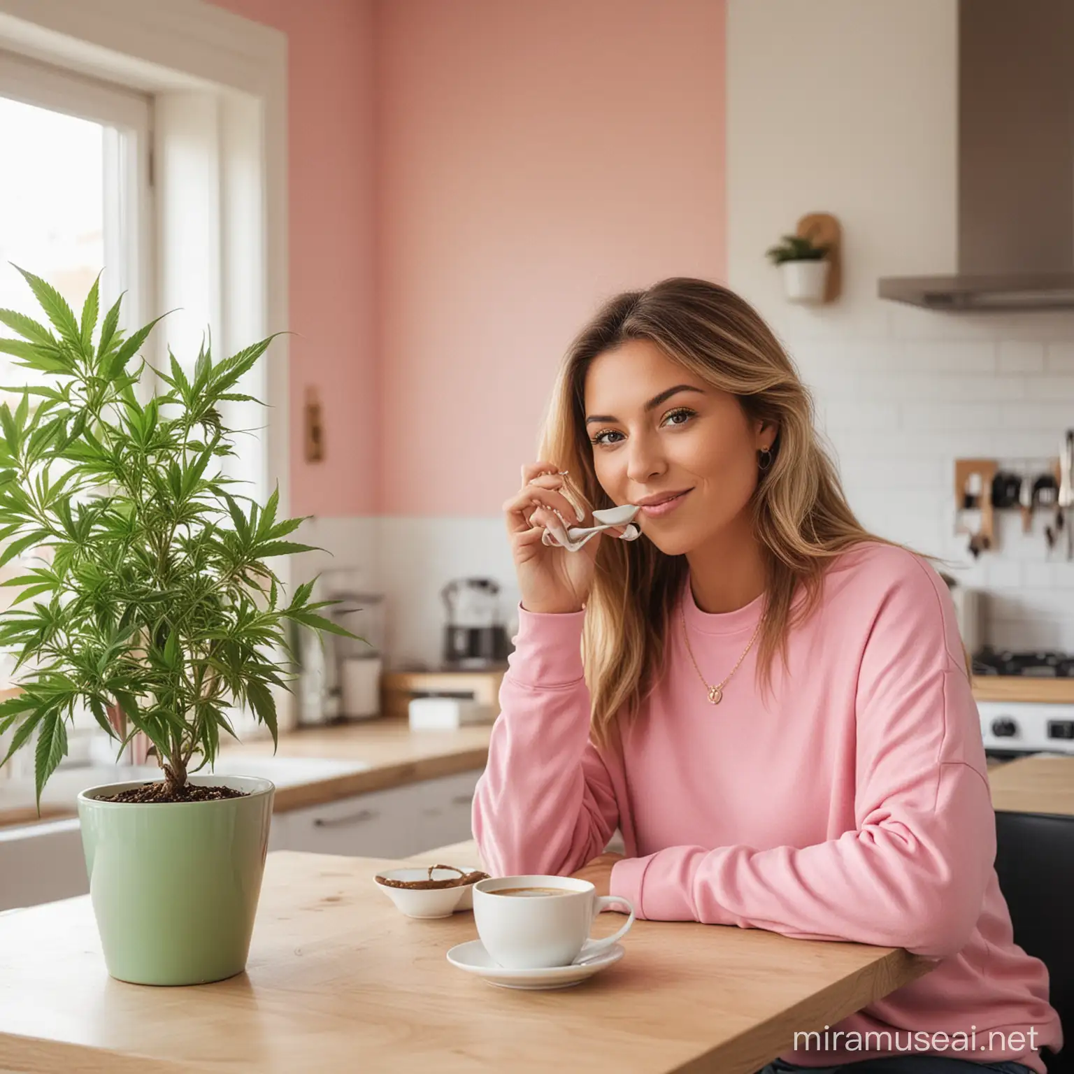 woman having coffee at kitchen table and cannabis plant in the background. incorporate bubble pink and green
