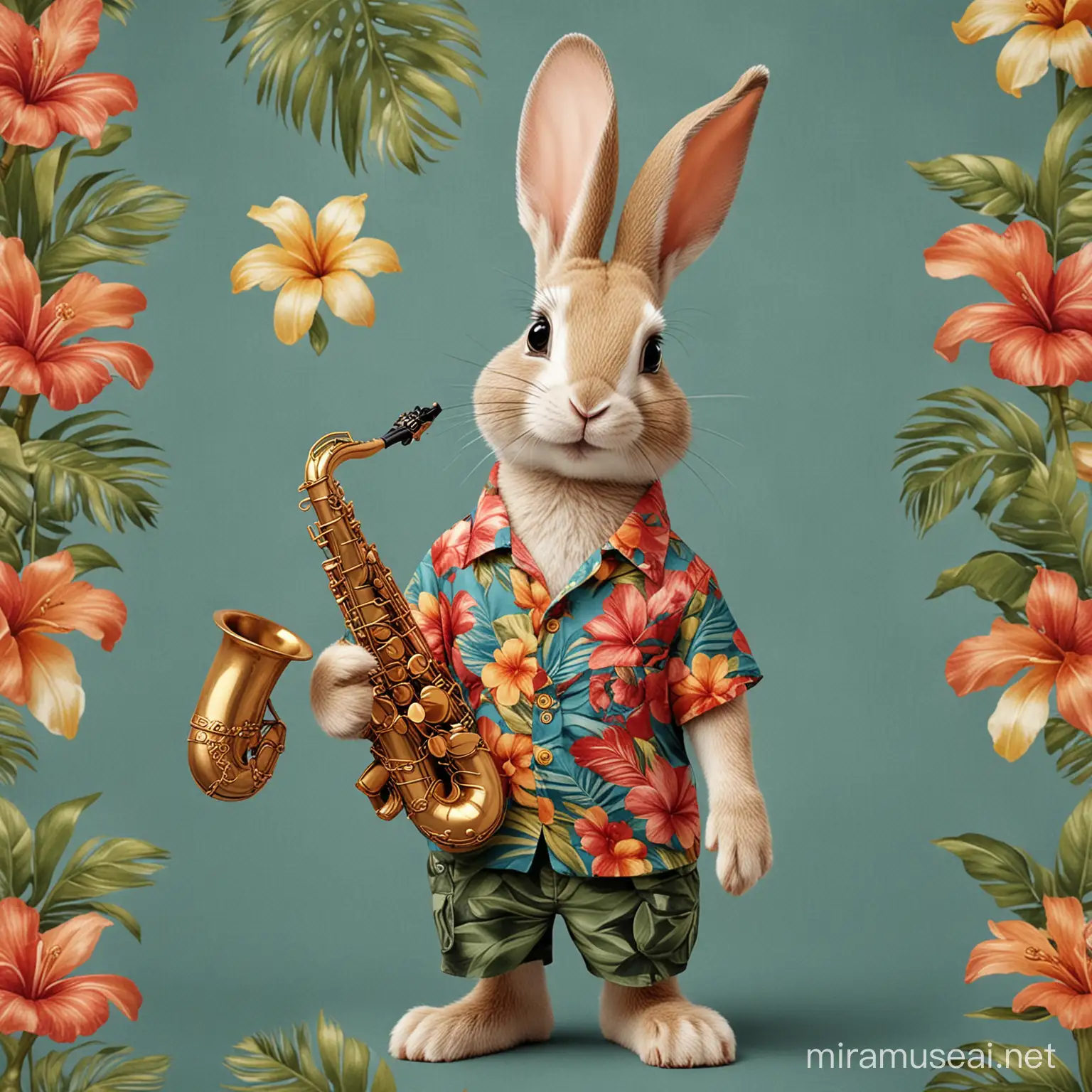 coniglio con camicia hawaiana e saxofono