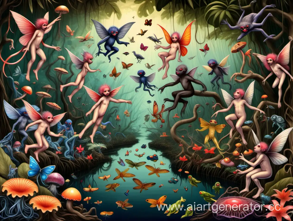 Winged flying monkeys, tiny nude flying fairies, colourful flowers, fruit, fungi, frogs, birds and butterflies and octopuses , fish and jellyfish in mangrove swamp.