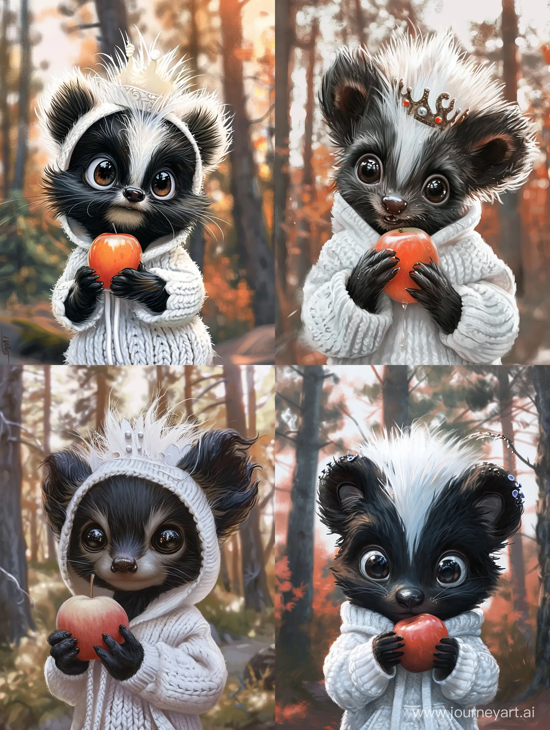 Adorable-Tiny-Skunk-Cub-Wearing-Crown-and-Holding-Apple-in-Sunny-Forest-Scene