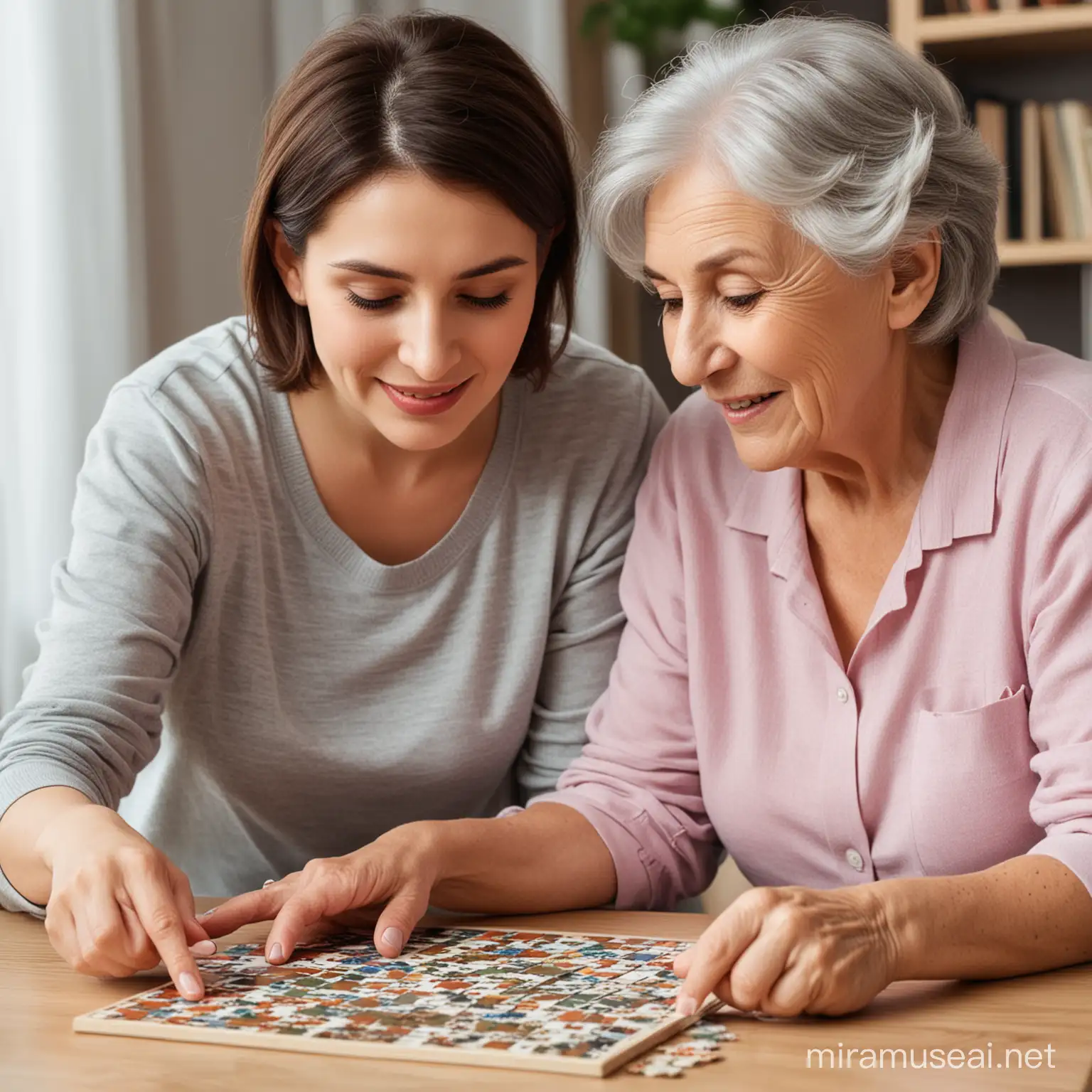 Young Daughter and Elderly Mother Engaged in Puzzle Activity
