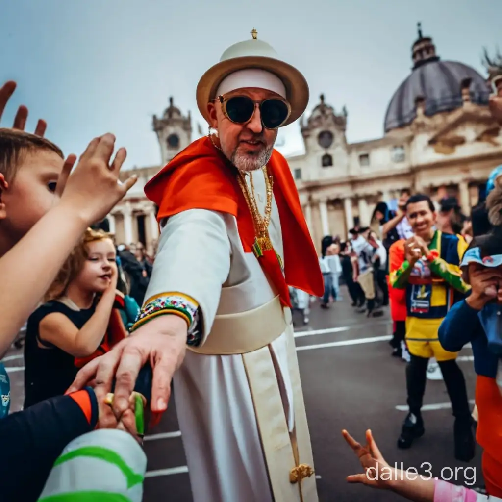 il papa vestito come un rapper saluta dei bambini vestiti da papa