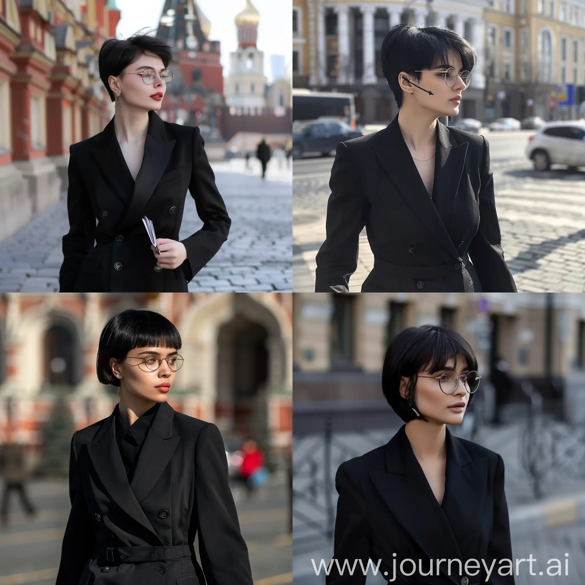 a beautiful russian young girl, reporter, short black hair, reading glasses, wearing a black suit, walking in the Moscow street.