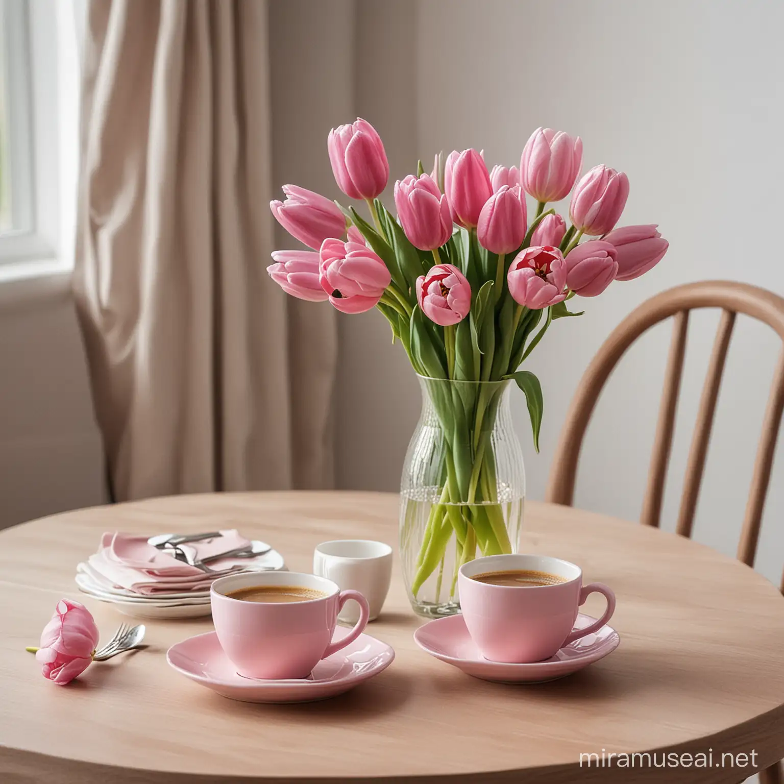 Stôl , 2ruzove šálky kávy,váza s nádhernými tulipanmi, 