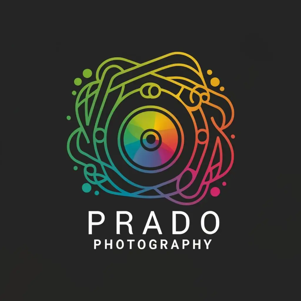 logo, camera, with the text "Prado Photography", typography