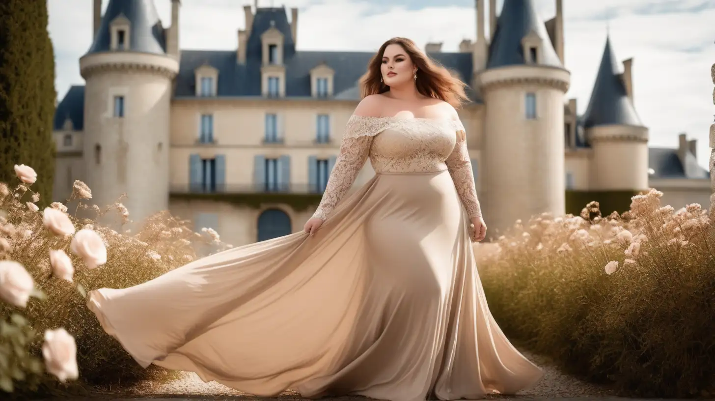 Elegant Plus Size Model in Latte Lace Gown Luxury Castle Photoshoot