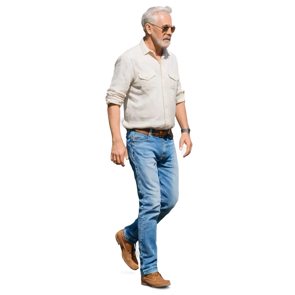 Grandpa, 50's, walking, casual linen shirt, rugged jeans, watercolor 