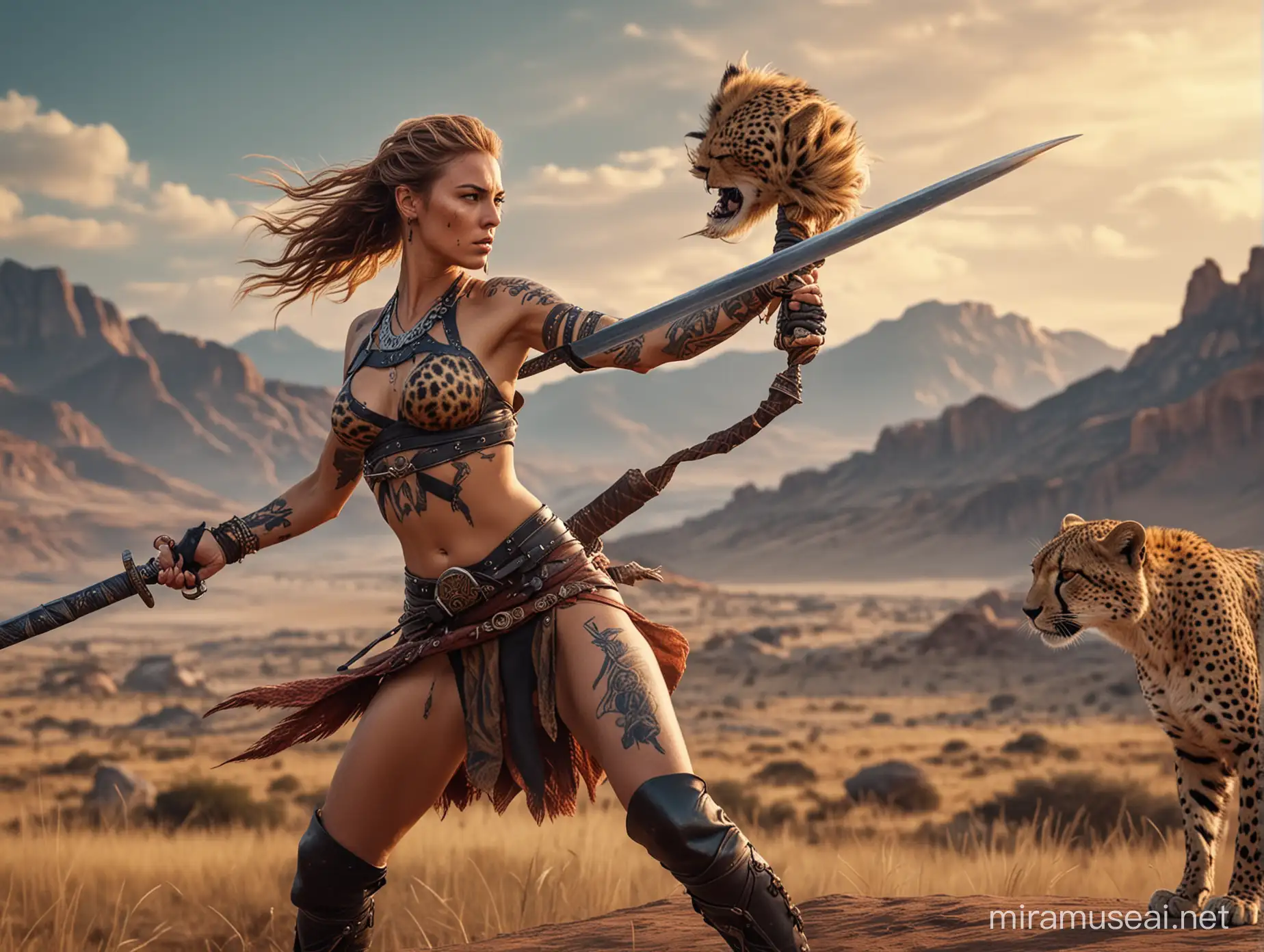 Warrior Caucasian woman, has colored Tattoos, Holding Sword, She is fighting a Cheetah, Full Details, cinematic, Action, Long Shoot, Dramatic landscape, 8k resolution, Oil painting, Baroque style