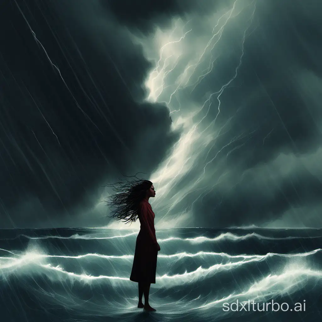 A digital painting of a woman standing tall and unwavering in the face of a storm