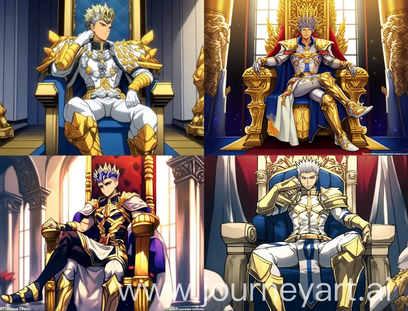 can you imitate Takeuchi Takashi's japen animate painting style, Emiya Shirou, the young emperor, wearing gold and blue armor, tall and white skin. Full of muscles, mature, strong physique, short silver hair, wearing a crown, sitting on the throne, holding a golden sword at his waist, huge body proportions, upward view, arrogant and confident eyes,portrait, bright, epic