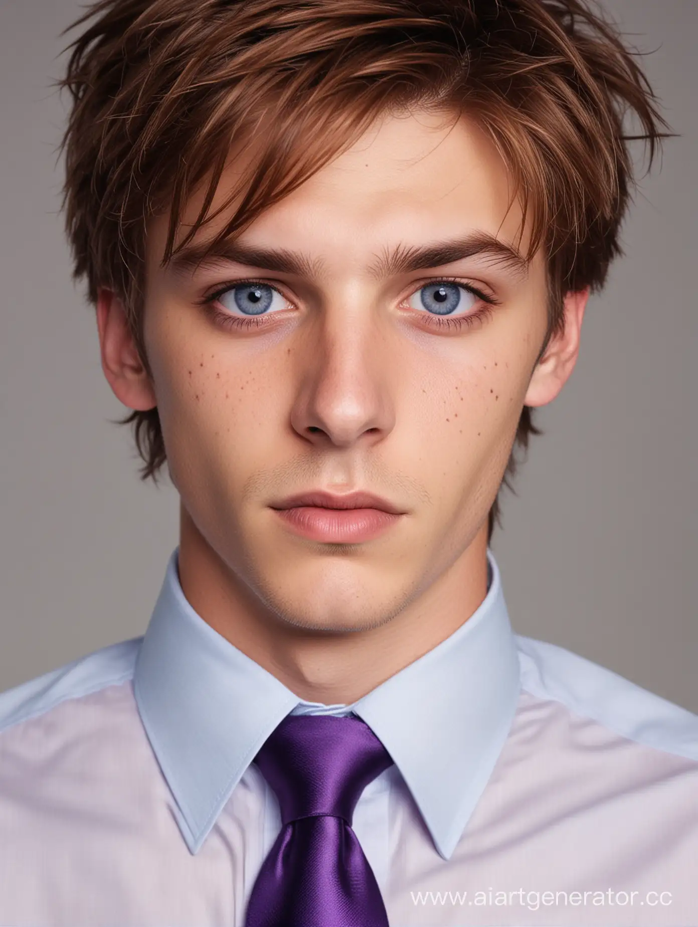 Парень, лет 20, с сиренивемы глазами, каштановыми волосами, голубой рубашке с фиолетовым галстуком, тело частично покрыто бездной, шрам от когтей на правом глазу