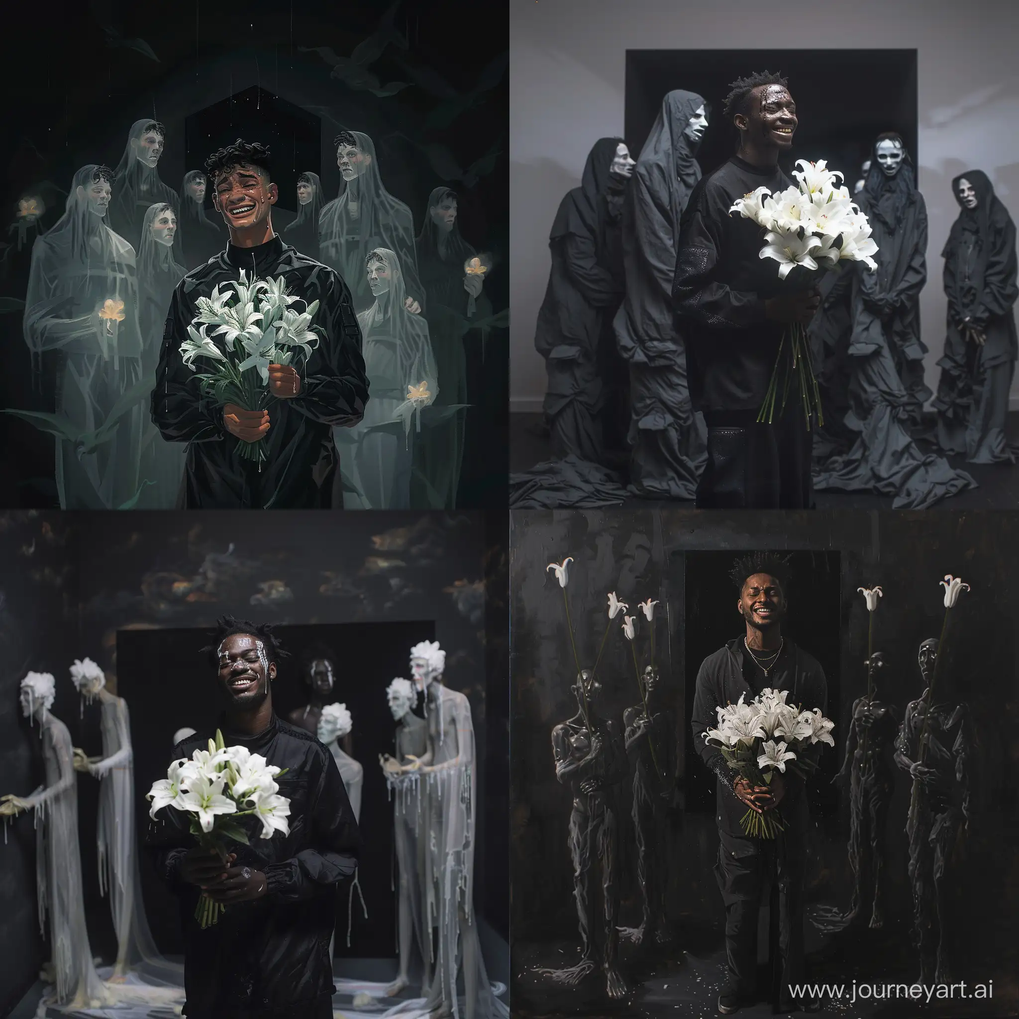 A man stood holding a bouquet of white lilies, wearing a black outfit, with a smile on his face, but there were tears on his face. All around stood spirits. In the black square room