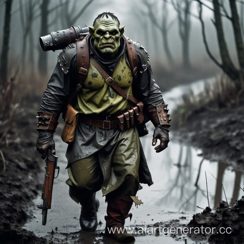 Orc, who is wearing German WW2 helmet and carrying medieval firearm on his shoulder, walks in the rainy and muddy environment 
