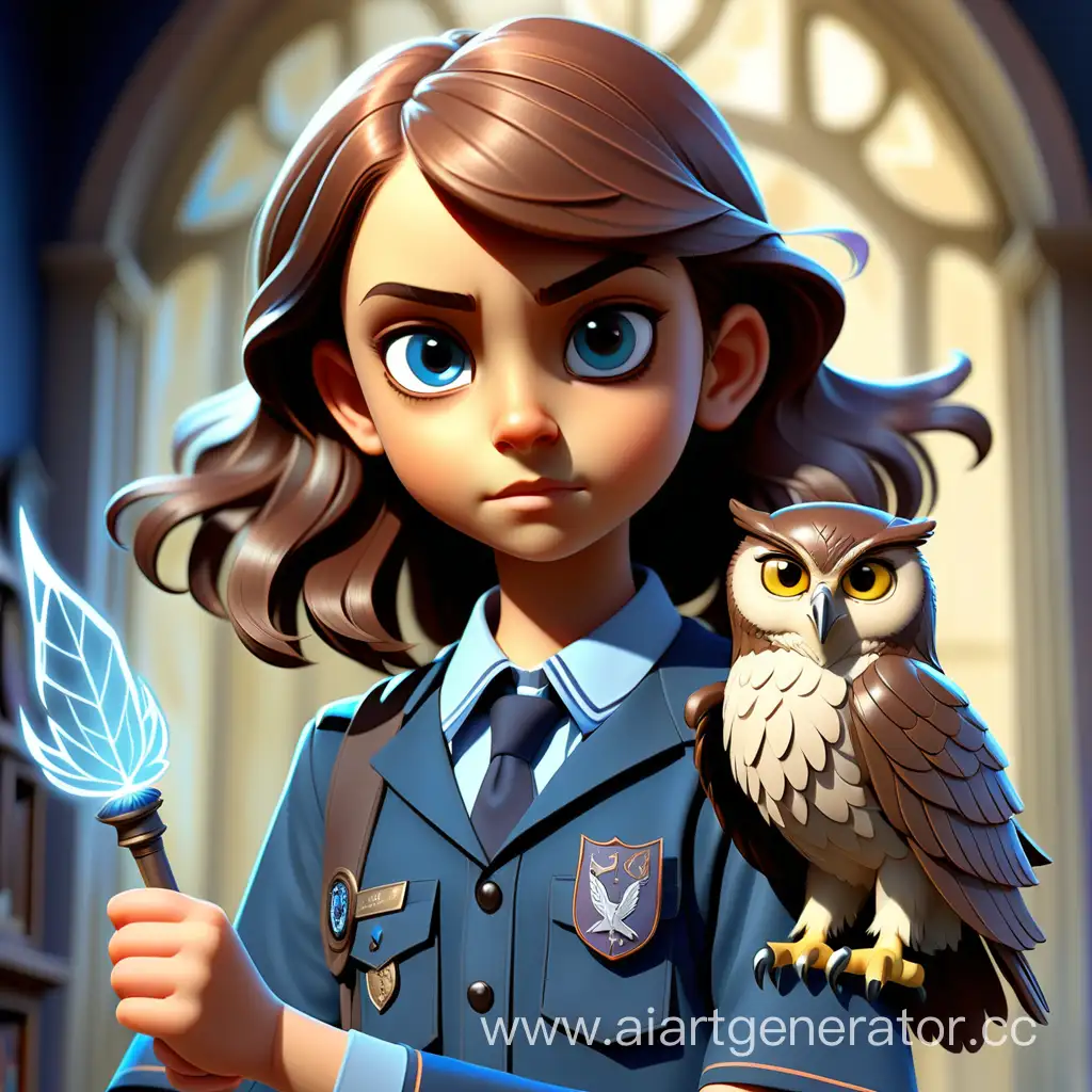 Enchanting-12YearOld-Girl-in-BlueBronze-School-Uniform-with-Magical-Wand-and-Owl-Silhouette