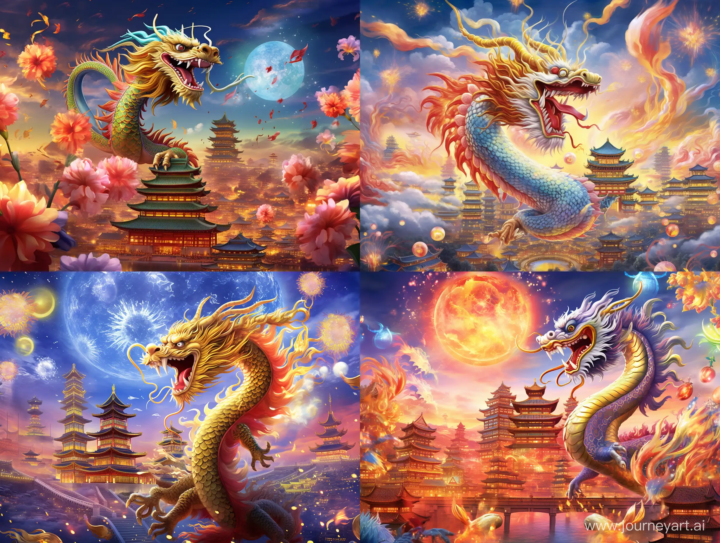 Create a vibrant scene depicting blessings for the Dragon Year. Picture a magnificent dragon soaring through the azure sky, adorned with exquisite golden scales. Surround the dragon with a tranquil setting, featuring happy families, joyful children, and bustling cities. Illuminate the sky with dazzling fireworks, symbolizing the joy and brightness the new year brings. Infuse this artwork with New Year blessings and hopes, offering viewers endless joy and anticipation.
year is 2024. --ar 4:3 --no 87572