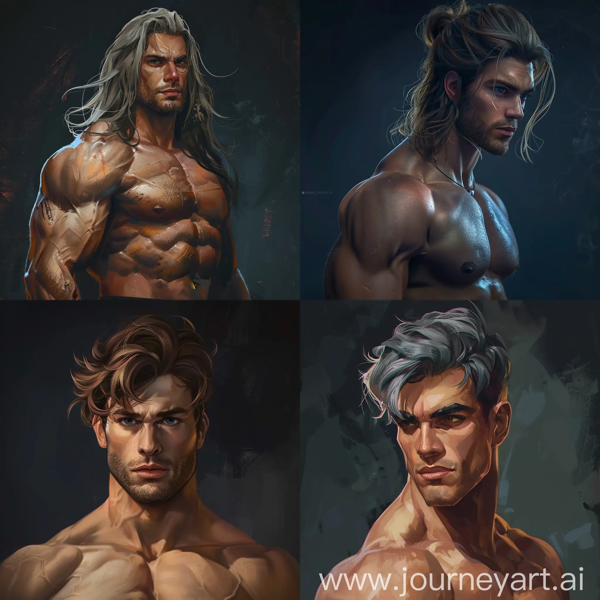 Male character, lush hair, bulk, aesthetic dark background