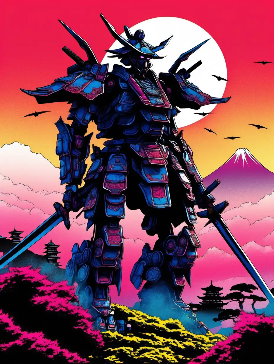 The entier silhouette of two mech samurai, in vivid colors, on the Japanese landscape