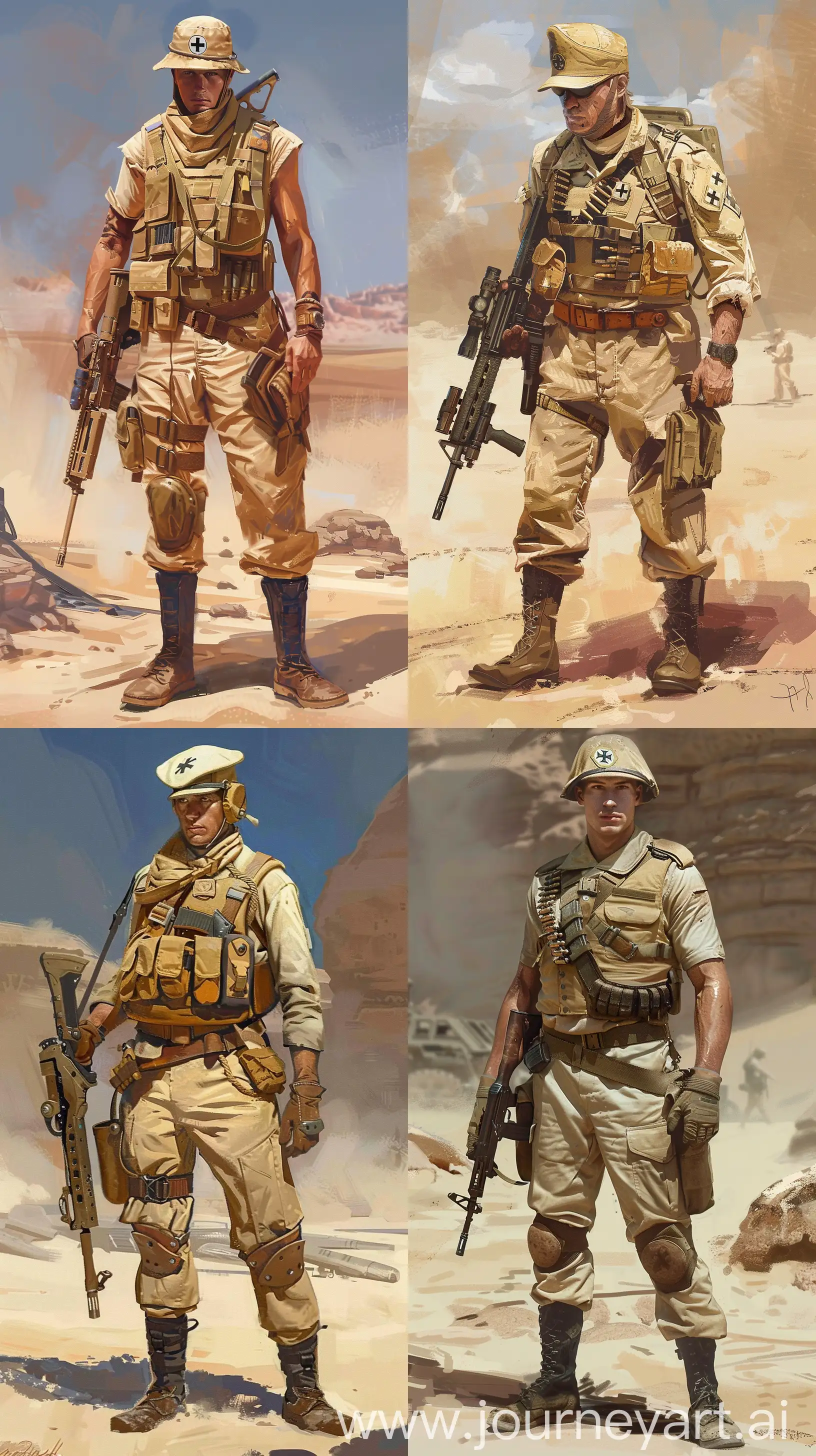 Concept art of a soldier wearing a tan WW2 german cap, tan clothing similar to the Afrika Korps, a beige tactical vest with straps and pouches, holding a futuristic rifle, brown belt with holster, dark boots. in retro science fiction art style. in the desert. In color. --ar 9:16