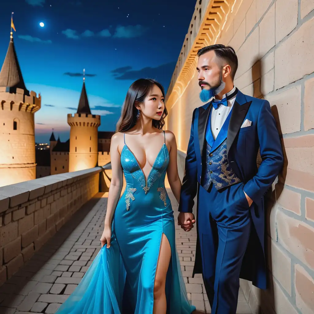 pensive aristocratic causasian man with blue beard and pretty asian woman in evening dress walking on the battlements  in the night