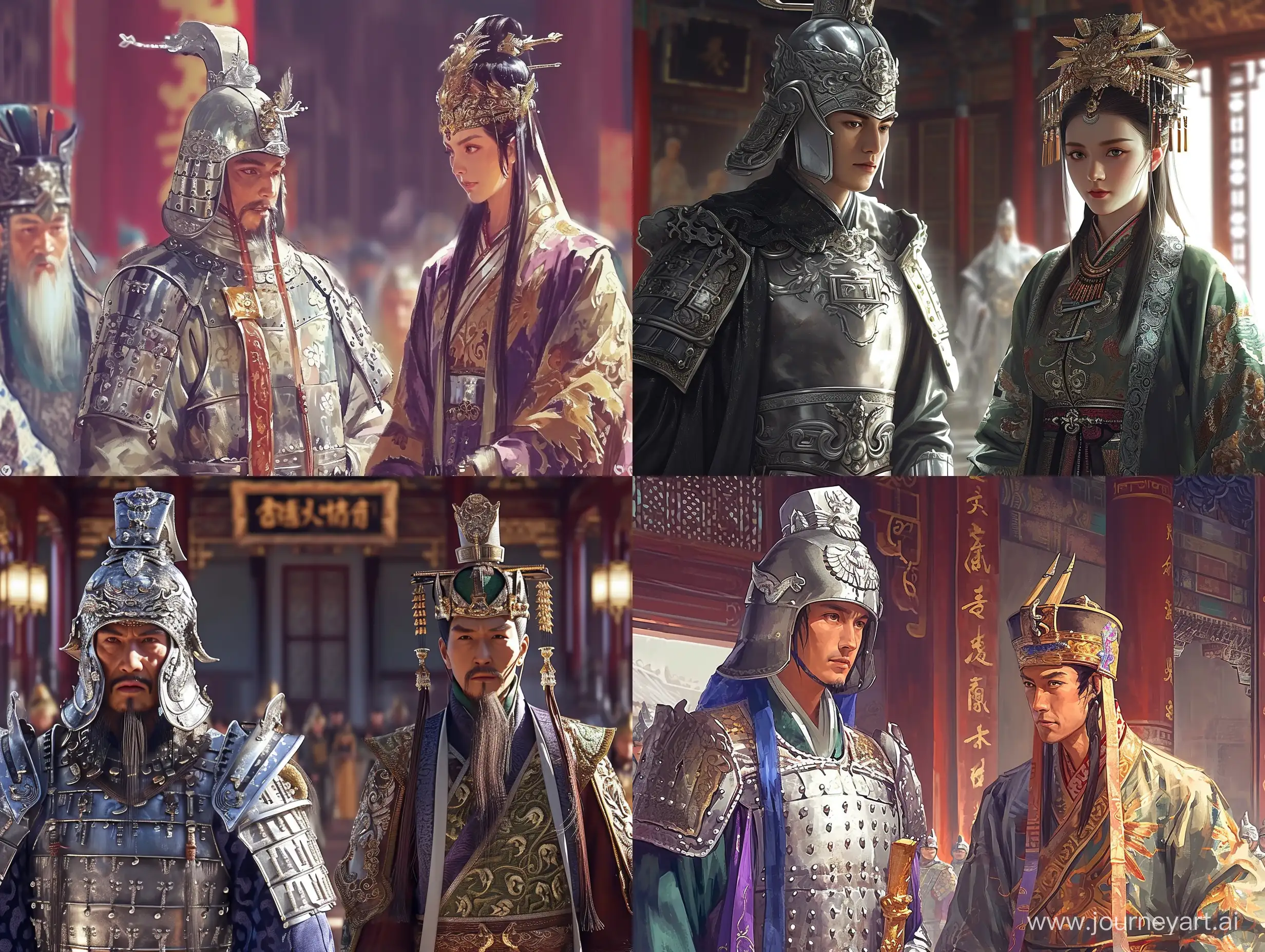 一位身穿银盔银甲的将军和一位身着华丽的权臣，两个人站在宫殿大厅内，中国风，东方美学，水墨画风格，中国古代，二次元，漫画，大师作品，高清。