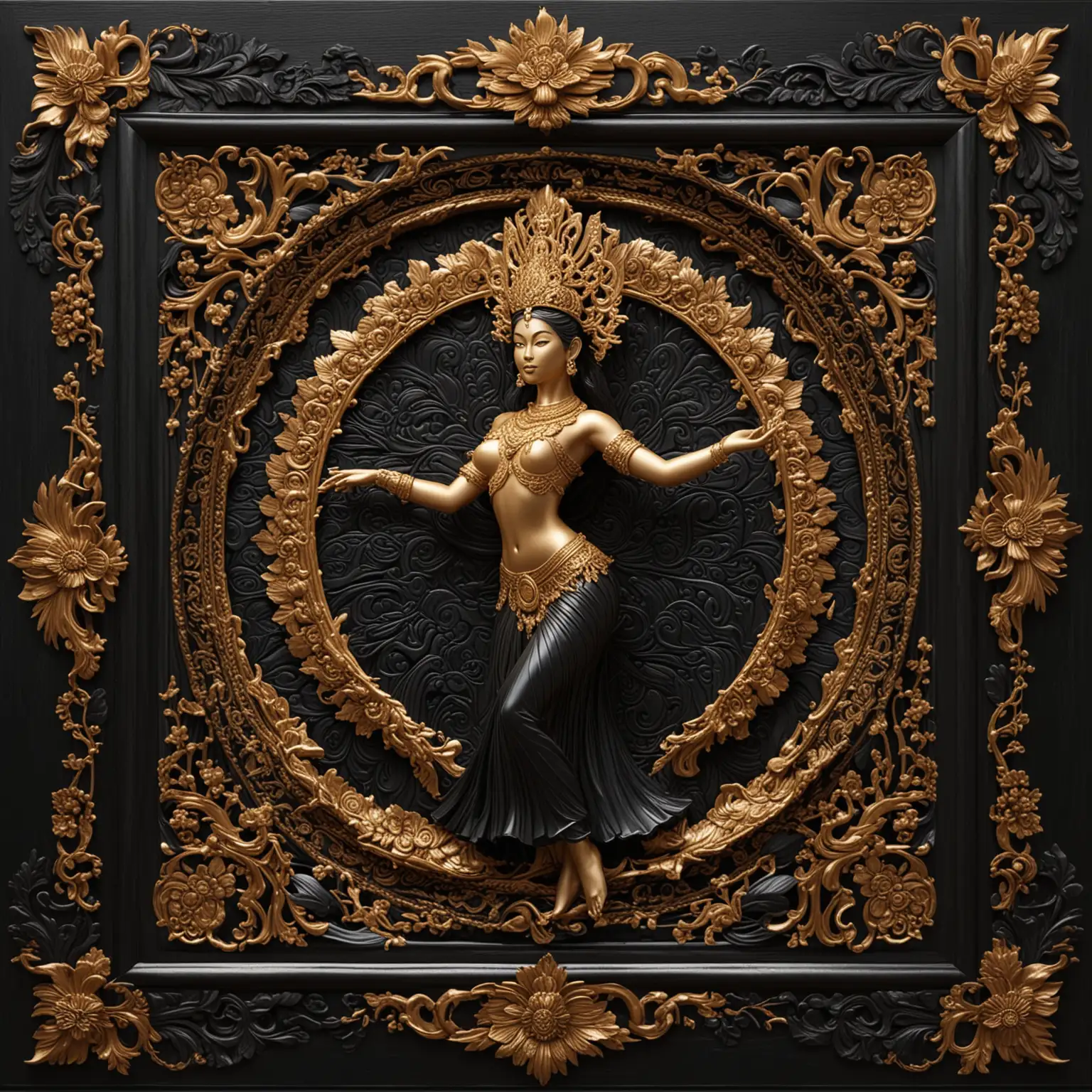 Thai-Dancer-Carved-Wood-Artwork-with-Gold-Headdress-on-Black-Lacquered-Frame
