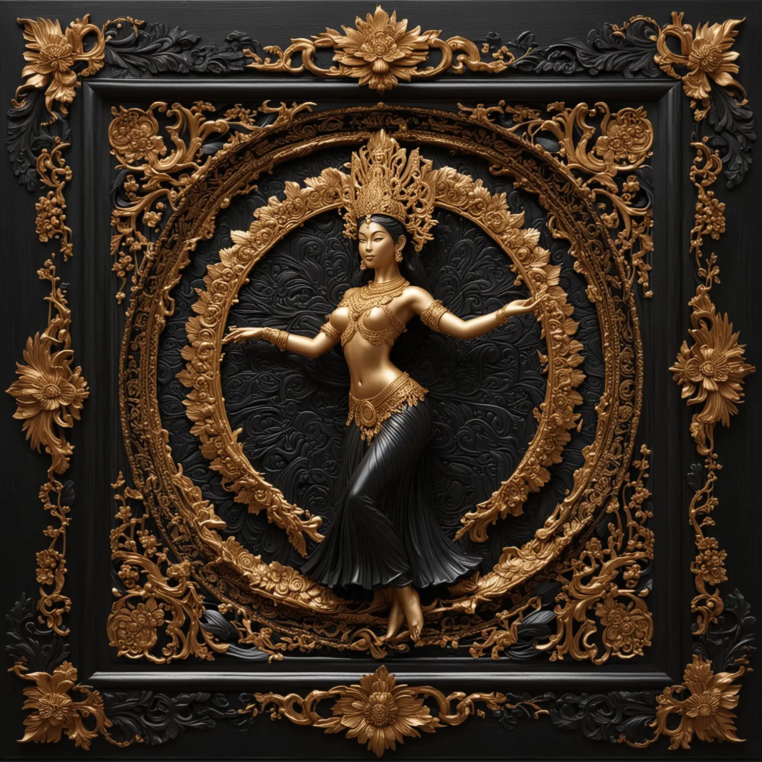 3D SEAMLESS AND TILEABLE BLACK LACQUERED WOOD WITH A FINELY CARVED FRAMED SURROUND FEATURING A CARVED WOOD THAI DANCER WITH A GOLD HEADDRESS





