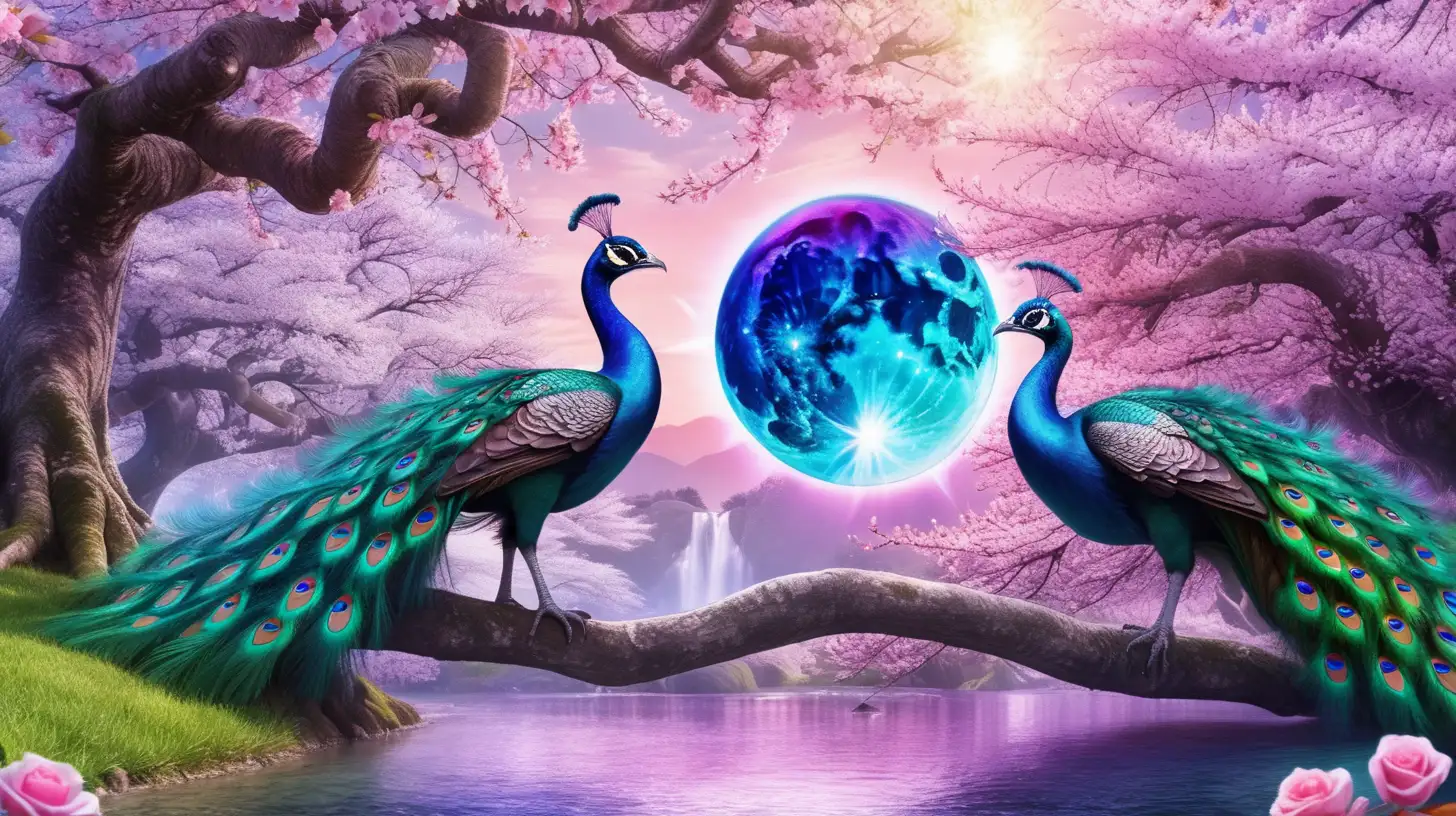 Big Black sun during a solar eclipse, in the sky, two peacocks next to Magical-Fairytale cherry blossom trees, fairytale water-stream of pink roses, path Bright-Purple-Blue-Green-Magenta