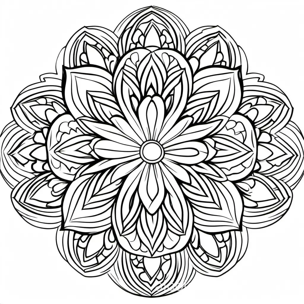 white mandala in a flower shape around it a lot of hearts without color with black lines for coloring book, Coloring Page, black and white, line art, white background, Simplicity, Ample White Space. The background of the coloring page is plain white to make it easy for young children to color within the lines. The outlines of all the subjects are easy to distinguish, making it simple for kids to color without too much difficulty